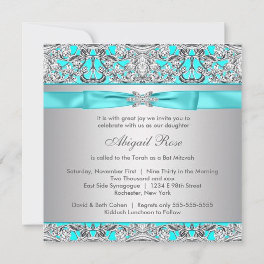 Invitation Bat mitzvah bleu turquoise (Dos)