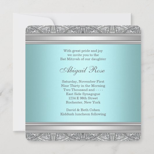 Invitation Bat mitzvah bleu Turquoise (Dos)