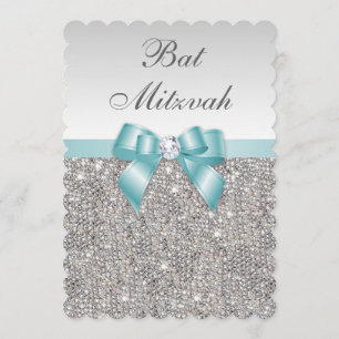 Invitation Bat mitzvah bleu turquoise de paillettes argentées