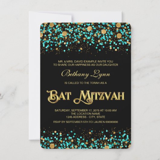 Invitation Bât Mitzvah Bleu Turquoise et Or (Devant)