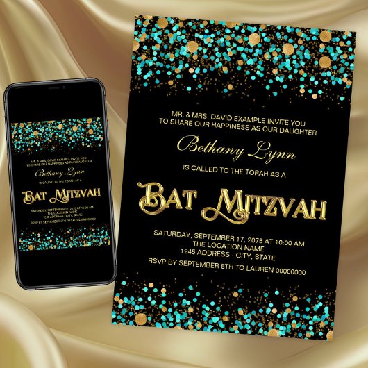 Invitation Bât Mitzvah Bleu Turquoise et Or