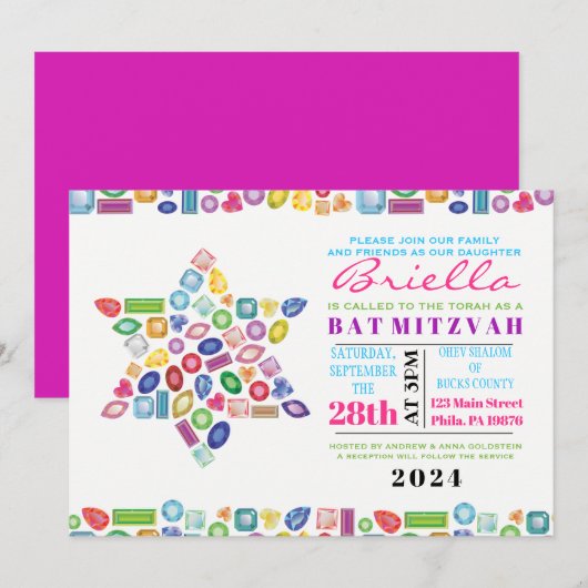 Invitation Bat mitzvah BLING Gemstone (Devant / Derrière)