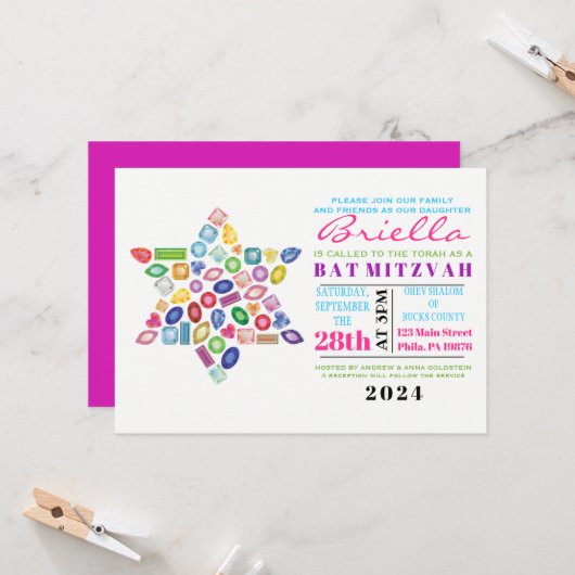 Invitation Bat mitzvah BLING Gemstone (Devant/Arrière en situation)
