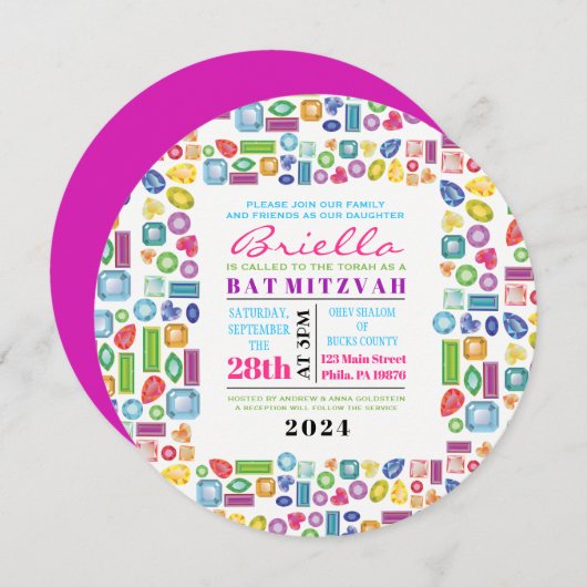Invitation Bat mitzvah BLING Gemstone (Devant / Derrière)