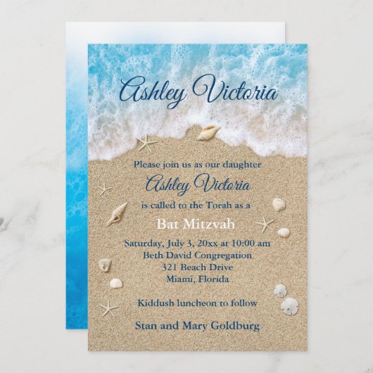 Invitation Bat mitzvah Blue Beach Waves (Devant / Derrière)