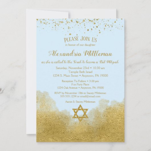 Invitation Bat mitzvah Blue Gold (Devant)