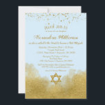 Invitation Bat mitzvah Blue Gold<br><div class="desc">Une élégante invitation à la Bat mitzvah bleue et or avec des confettis en parties scintillant d'or en haut et des dorures en bas avec une parties scintillant d'or Star of David.</div>
