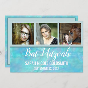 Invitation Bat mitzvah Blue Opal Aquarelle Photo Collage