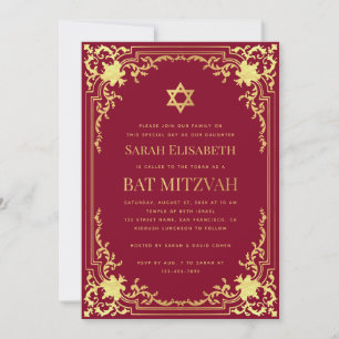 Invitation Bat mitzvah Bourgogne Faux Or Vintage Religieux