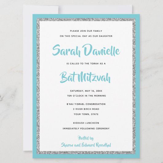 Invitation Bat mitzvah brillant bleu et argent grand (Devant)
