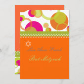 Invitation Bat mitzvah+Bulles motrices/orange/rose vif (Devant / Derrière)