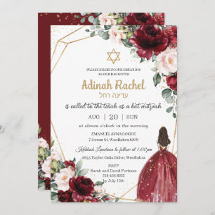 Invitation Bat mitzvah Burgundy Blush Floral Gold Princess