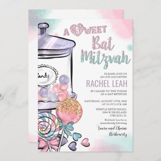 Invitation Bat mitzvah Candyland (Devant / Derrière)
