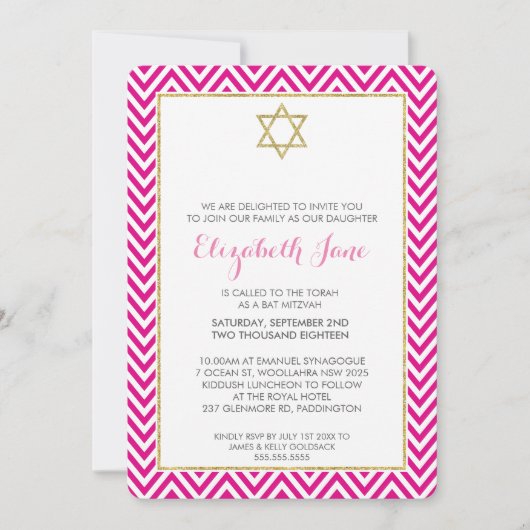Invitation BAT MITZVAH chervon motif or glittery rose (Devant)