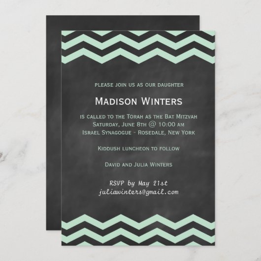 Invitation Bat mitzvah Chevron Mint & Chalkboard (Devant / Derrière)