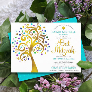 Invitation Bat Mitzvah Chic Turquoise Or Doré Feuille Arbre d