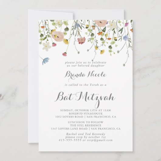 Invitation Bat mitzvah coloré Dainty Fleurs sauvages (Devant)