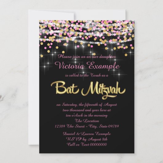 Invitation Bat mitzvah Confetti rose et or (Devant)