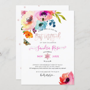 Invitation Bat mitzvah d'aquarelle des Roses d'eau PixDezines