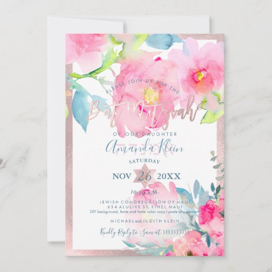 Invitation Bat mitzvah d'aquarelle florale PixDezines (Devant)