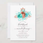 Invitation Bat mitzvah d'aquarelle turquoise et corail (Devant)