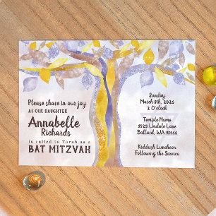 Invitation Bat mitzvah d'arbre torsadée bleu, jaun