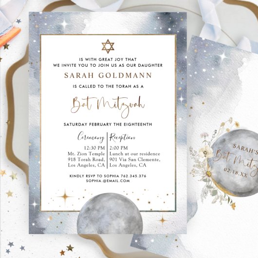 Invitation Bat mitzvah d'argent céleste, blanc et or