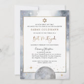 Invitation Bat mitzvah d'argent céleste, blanc et or (Devant)