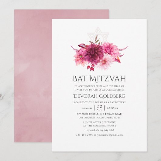 Invitation Bat mitzvah d'automne de la Bourgogne et du rose (Devant / Derrière)
