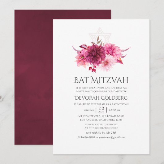 Invitation Bat mitzvah d'automne de la Bourgogne et du rose (Devant / Derrière)