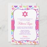 Invitation Bat mitzvah de bonbons mignon<br><div class="desc">Une invitation Bat mitzvah amusante à thème bonbons. Design dispose d'un motif de bonbons en violet,  rose,  vert,  bleu et orange. Graphiques par www.jwillustrations.com</div>