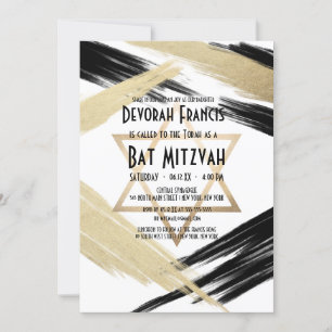 Invitation Bat mitzvah de broderie moderne Chic Black Gold