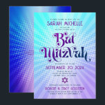 Invitation Bat mitzvah de code QR Rétro Bleu pourpre Gradient<br><div class="desc">Soyez fier, réjouissez-vous et présentez cette étape importante de votre Bat mitzvah préféré ! Envoyez cette amusante boho retro, invitation de code QR personnalisée pour un événement à se souvenir. Une typographie violette et bleu marine amusante, tendance et audacieuse, avec une typographie sans serif moderne, recouvre un arrière - plan...</div>