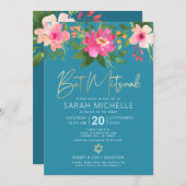 Invitation Bat mitzvah de code QR Turquoise Floral Gold Scrip (Devant / Derrière)