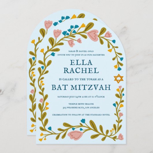 Invitation Bat mitzvah de couronne florale Code QR personnali (Devant / Derrière)
