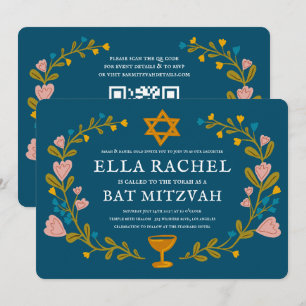 Invitation Bat mitzvah de couronne florale Code QR personnali