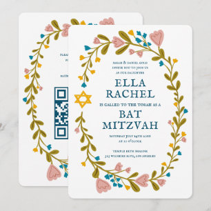 Invitation Bat mitzvah de couronne florale Code QR personnali