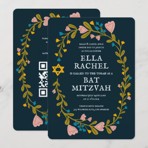 Invitation Bat mitzvah de couronne florale Code QR personnali