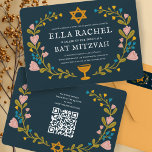 Invitation Bat mitzvah de couronne florale Code QR personnali<br><div class="desc">Carte parfaite pour annoncer une bar mitzvah, bat mitzvah ou autre célébration juive ! L'art fait main pour vous ! ENTIÈREMENT PERSONNALISABLE ! Cliquez sur "Personnaliser" ci-dessus pour modifier le texte et ajouter votre propre lien au code QR au verso. Cliquez sur "modifier à l'aide de l'outil de conception" pour...</div>