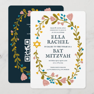 Invitation Bat mitzvah de couronne florale Code QR personnali