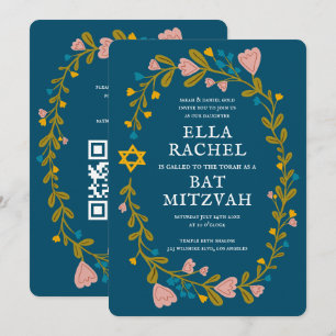 Invitation Bat mitzvah de couronne florale Code QR personnali