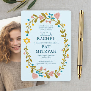 Invitation Bat mitzvah de couronne florale photo personnalisé