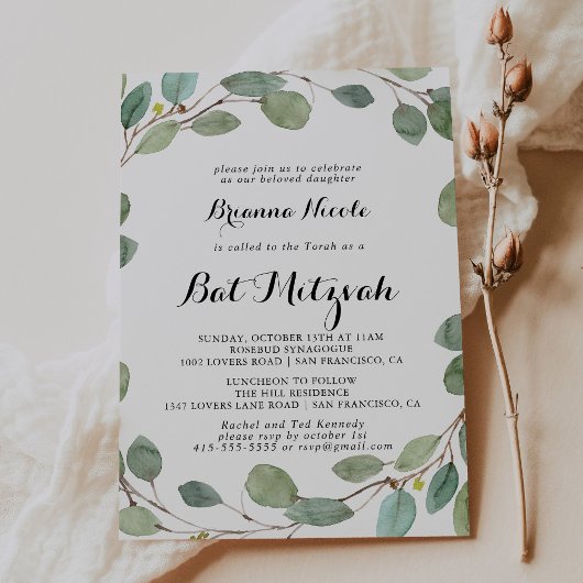 Invitation Bat mitzvah de feuillage Eucalyptus vert