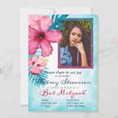Invitation Bat mitzvah de fleurs tropicales roses turquoise (Devant)