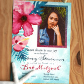 Invitation Bat mitzvah de fleurs tropicales roses turquoise