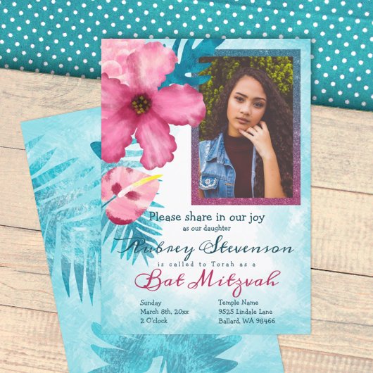 Invitation Bat mitzvah de fleurs tropicales roses turquoise