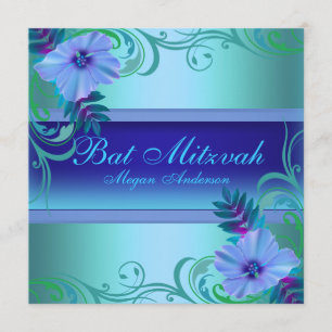 Invitation Bat mitzvah de fleurs vives bleu