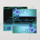Invitation Bat mitzvah de fleurs vives bleu et vio (Devant / Derrière)