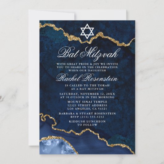 Invitation Bat mitzvah de Geode Moderne Elegant Blue Gold Mar (Devant)