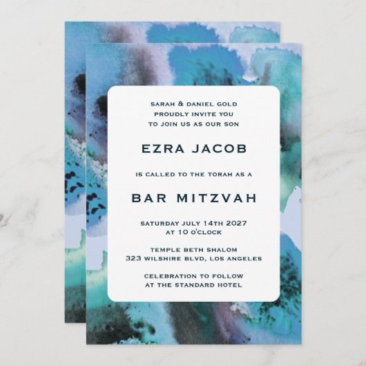 Invitation Bat mitzvah de la barre QRCode personnalisée BlueG (Devant / Derrière)